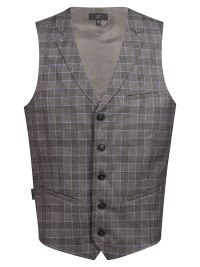 Glencheckweste Herren Braun-Schwarz mit feinem blauen Karo, Reverskragen und 5-Knopfleiste